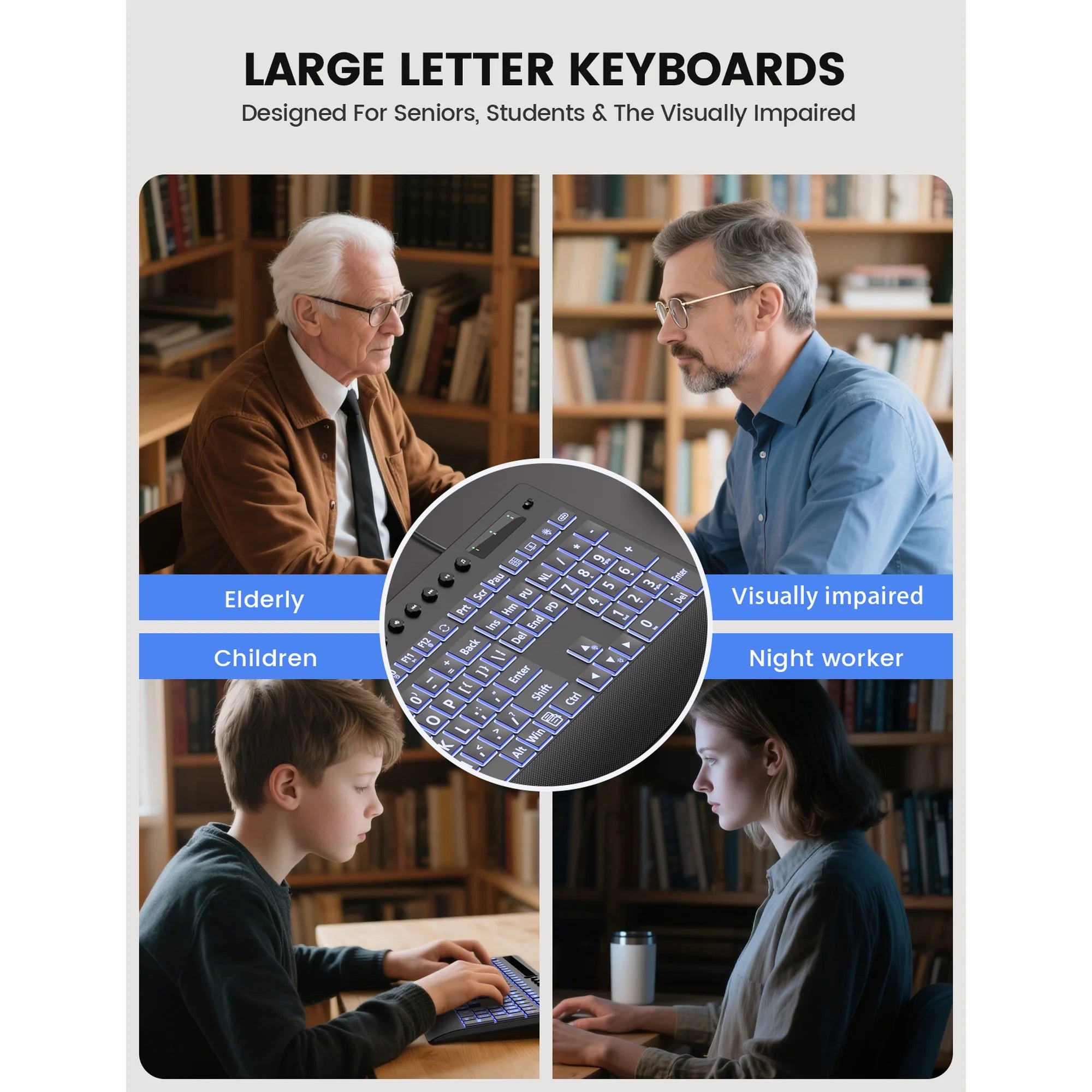 Clavier filaire ergonomique rétroéclairé silencieux à grands caractères avec repose-poignets avec support pour téléphone