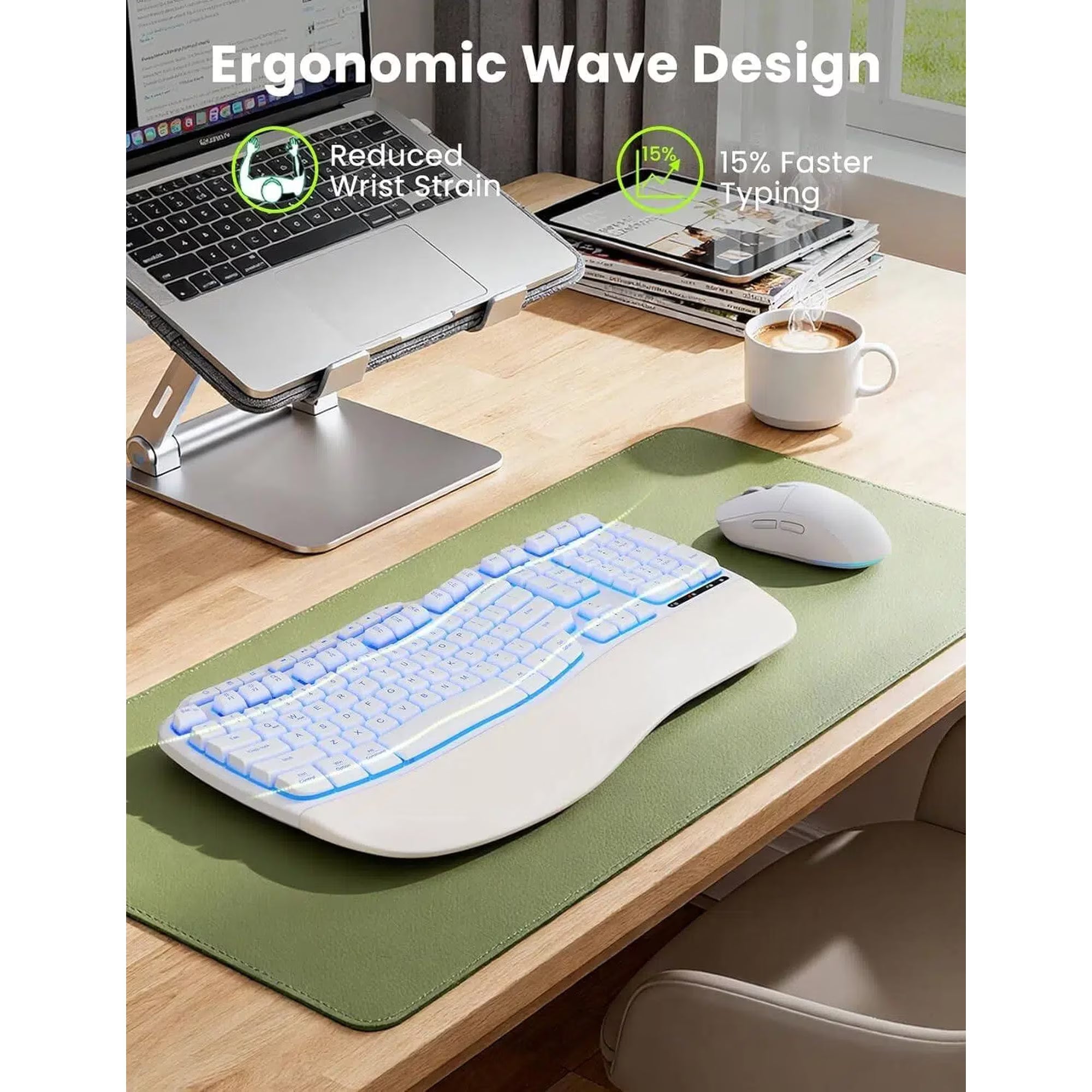 Ensemble clavier et souris sans fil ergonomique rechargeable rétroéclairé RGB avec repose-poignets, 4000mah, 2,4 GHz