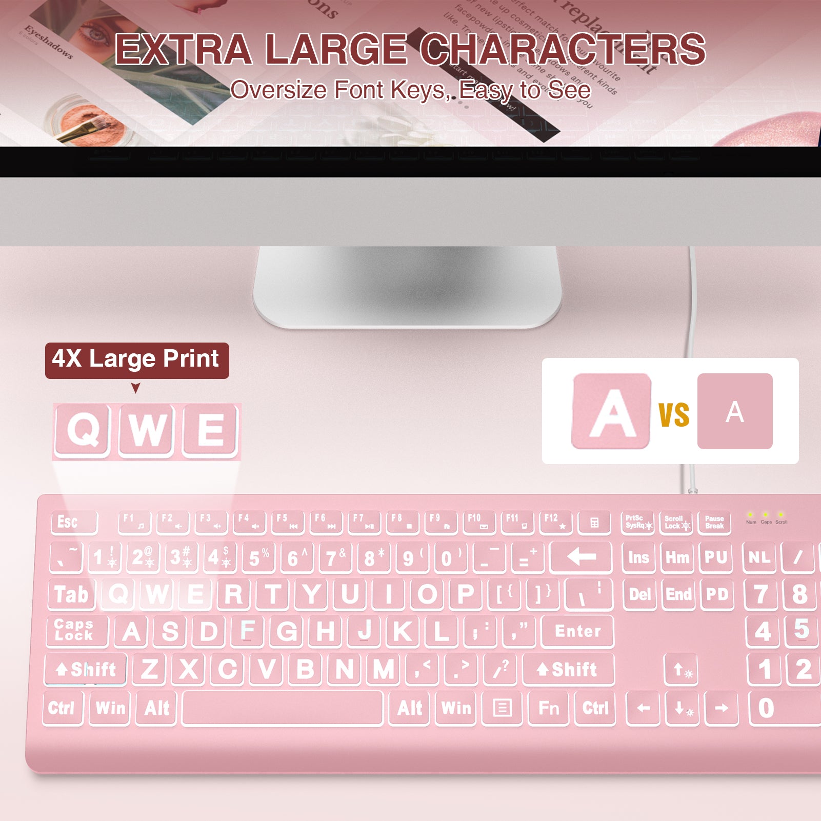 Clavier filaire ergonomique rétroéclairé à grands caractères – rose
