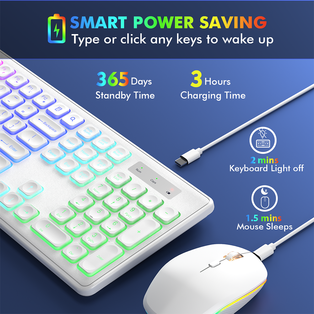 Ensemble clavier et souris sans fil rechargeable rétroéclairé RGB silencieux avec repose-poignets, 2,4 GHz, 112 touches – noir