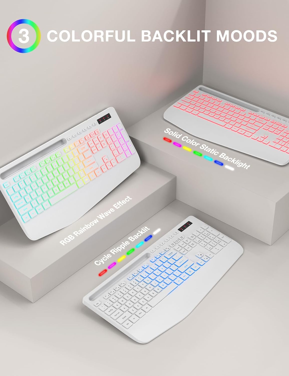 Ensemble clavier et souris sans fil ergonomique rechargeable rétroéclairé silencieux avec repose-poignets avec support pour téléphone – blanc