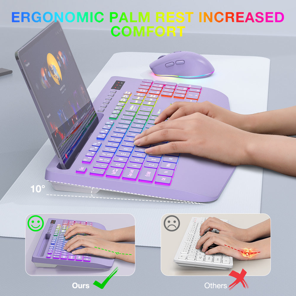 Ensemble clavier et souris sans fil ergonomique rechargeable rétroéclairé silencieux avec repose-poignets avec support pour téléphone – violet