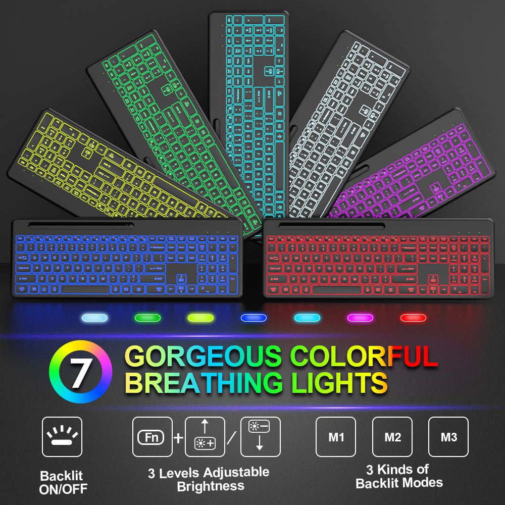 Ensemble clavier et souris sans fil rechargeable rétroéclairé RGB silencieux, 2,4 GHz – blanc