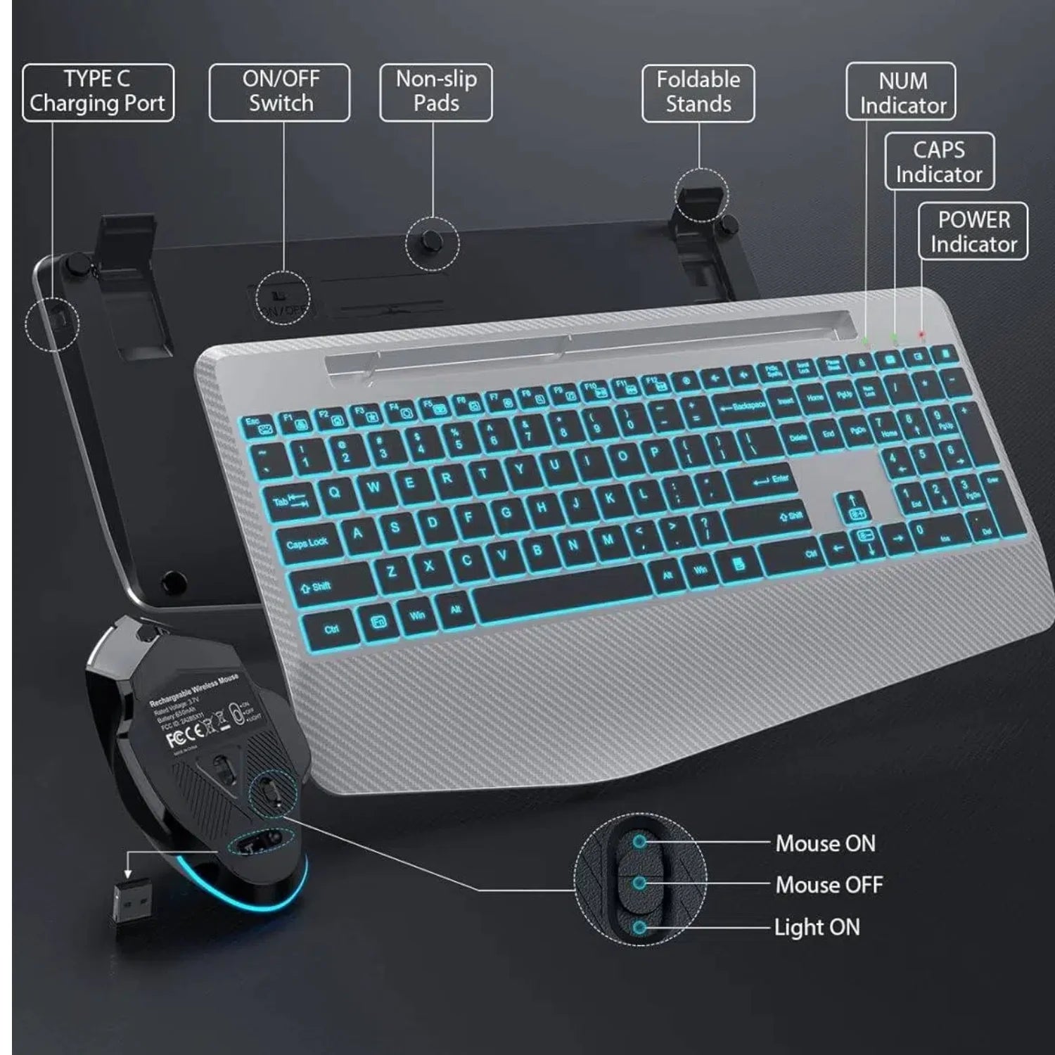 Ensemble clavier et souris sans fil ergonomique rechargeable rétroéclairé RGB silencieux avec repose-poignets avec support pour téléphone – noir