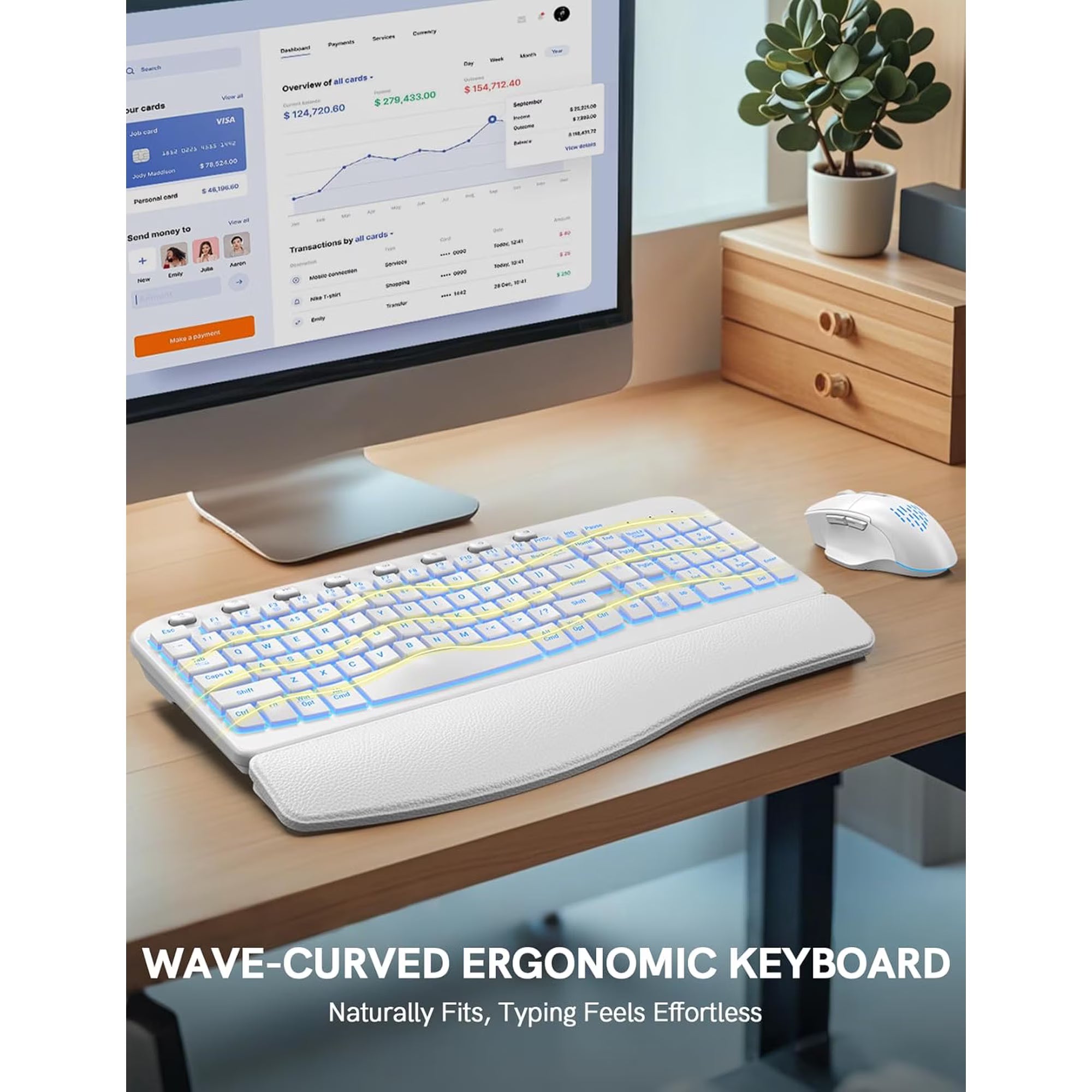 Ensemble clavier et souris sans fil ergonomique rechargeable rétroéclairé RGB avec repose-poignets, 2,4 GHz – blanc