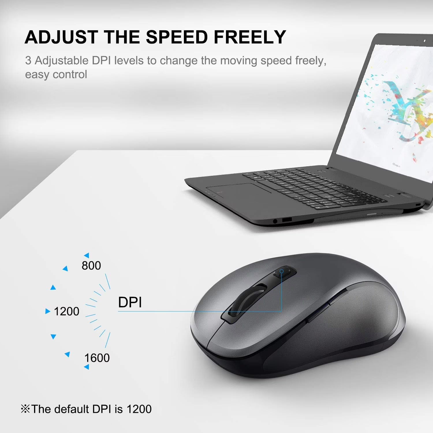 Souris informatique sans fil ergonomique silencieuse, 3 niveaux de DPI – gris