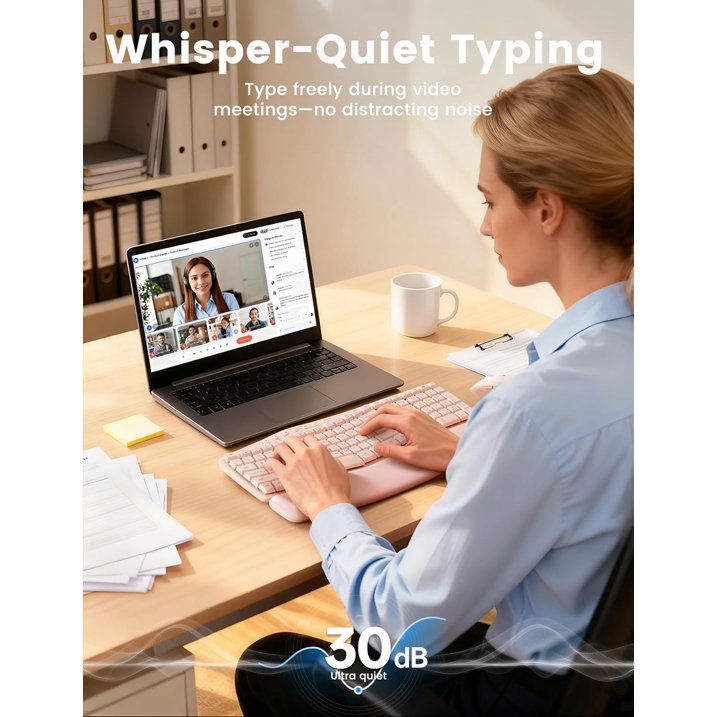 Ensemble clavier et souris sans fil ergonomique silencieux avec repose-poignets, 3 niveaux de DPI – rose