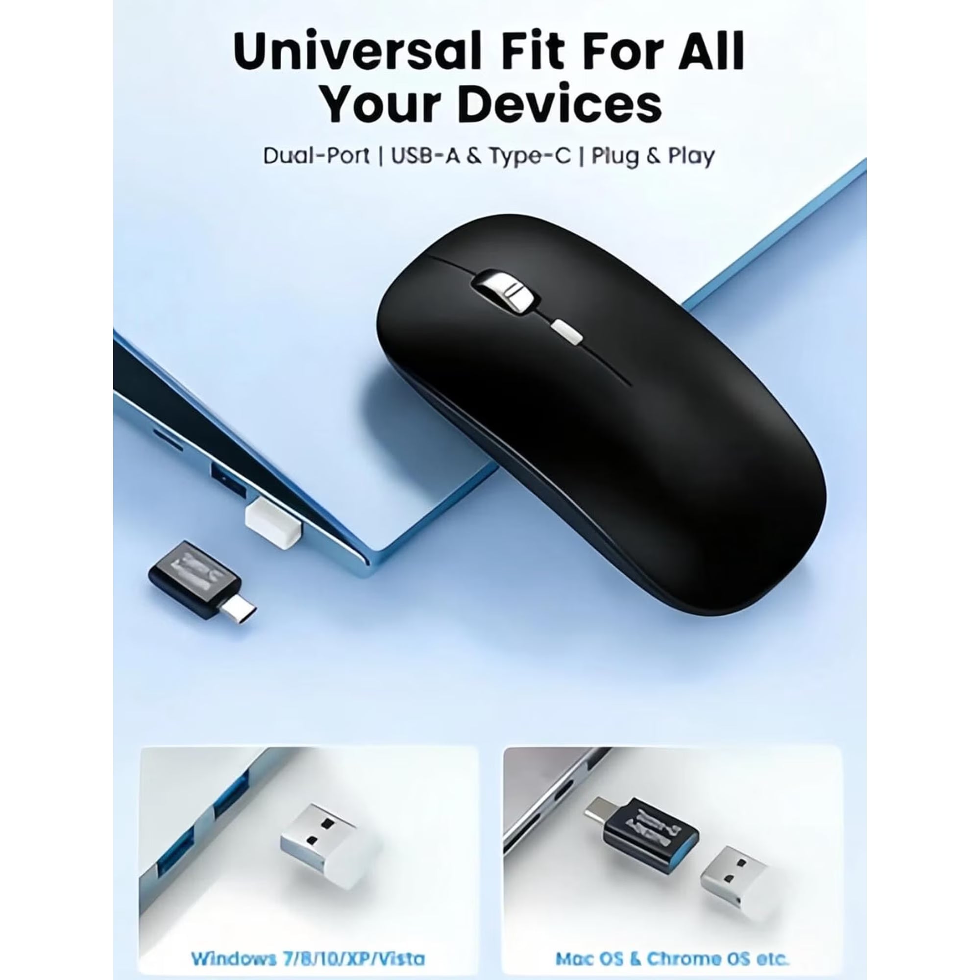 Souris informatique sans fil rechargeable silencieuse, 2,4 GHz, 3 niveaux de DPI – noir
