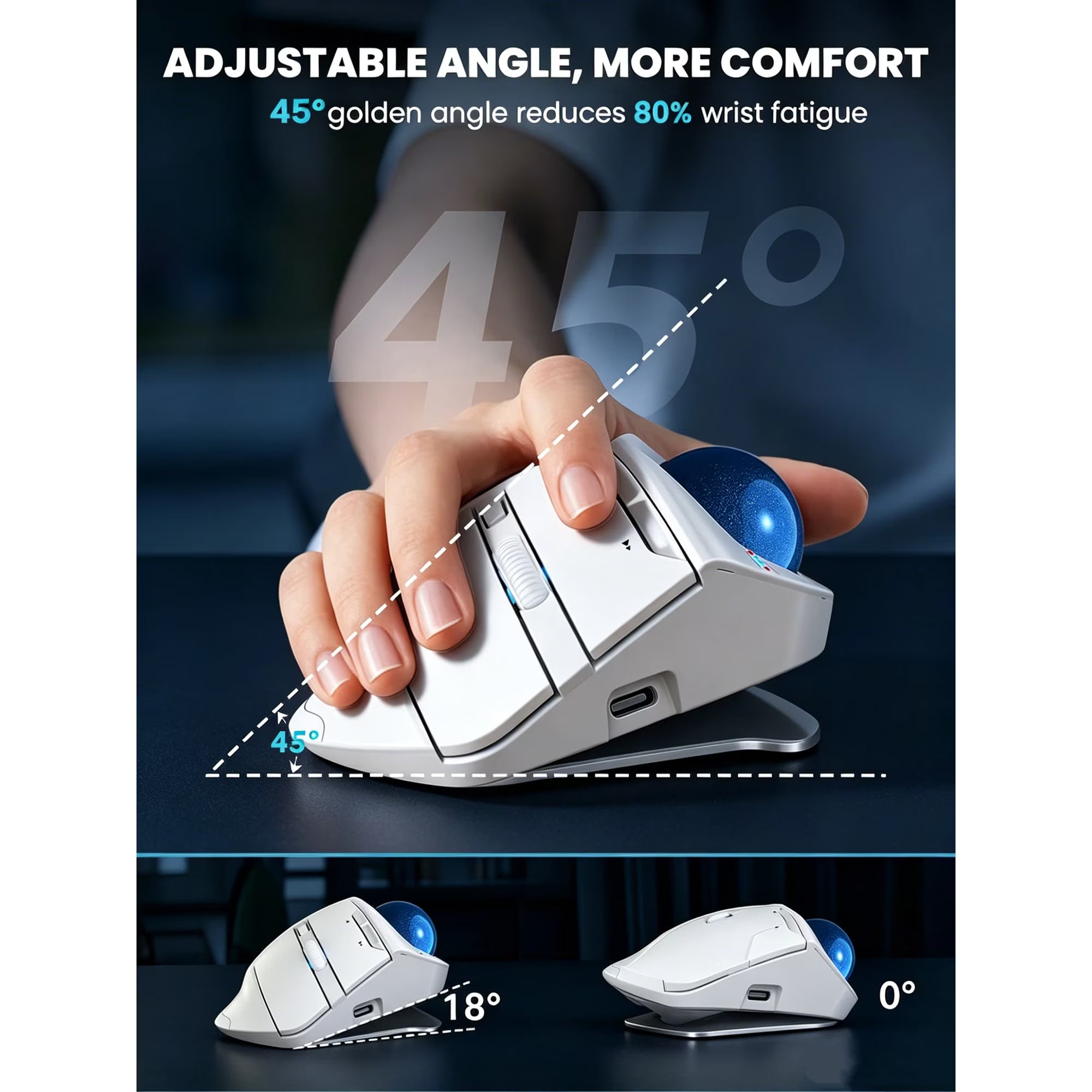 Souris trackball ergonomique sans fil rechargeable silencieuse – blanc