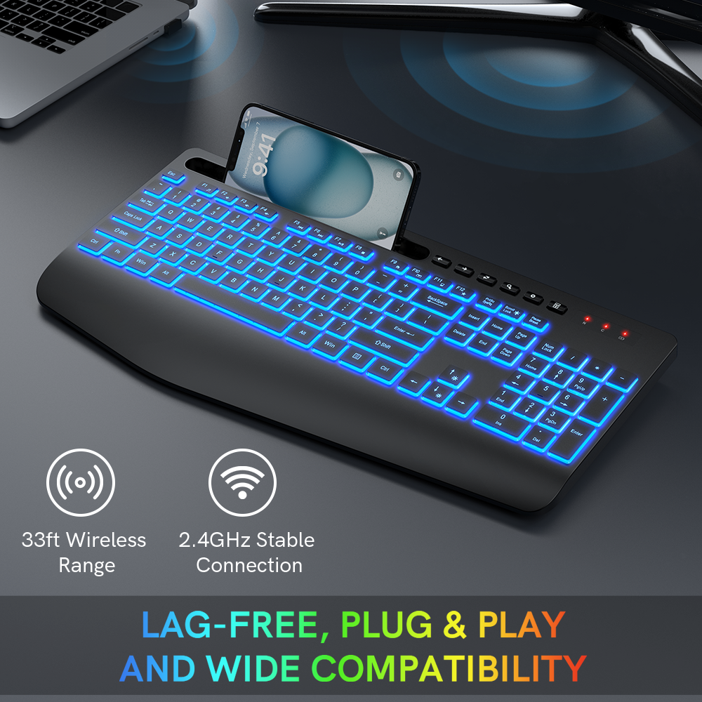 Clavier sans fil ergonomique rechargeable rétroéclairé silencieux avec repose-poignets avec support pour téléphone, 2,4 GHz, 112 touches