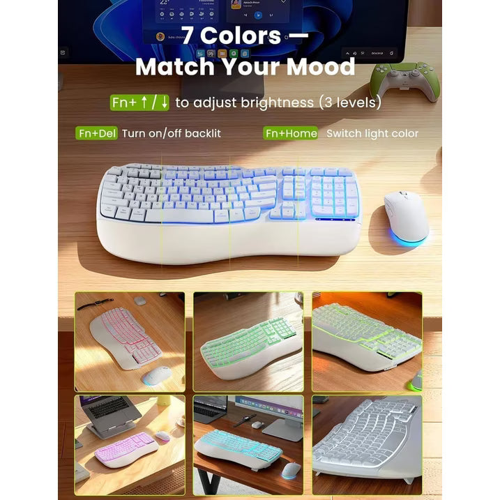 Ensemble clavier et souris sans fil ergonomique rechargeable rétroéclairé RGB avec repose-poignets, 4000mah, 2,4 GHz