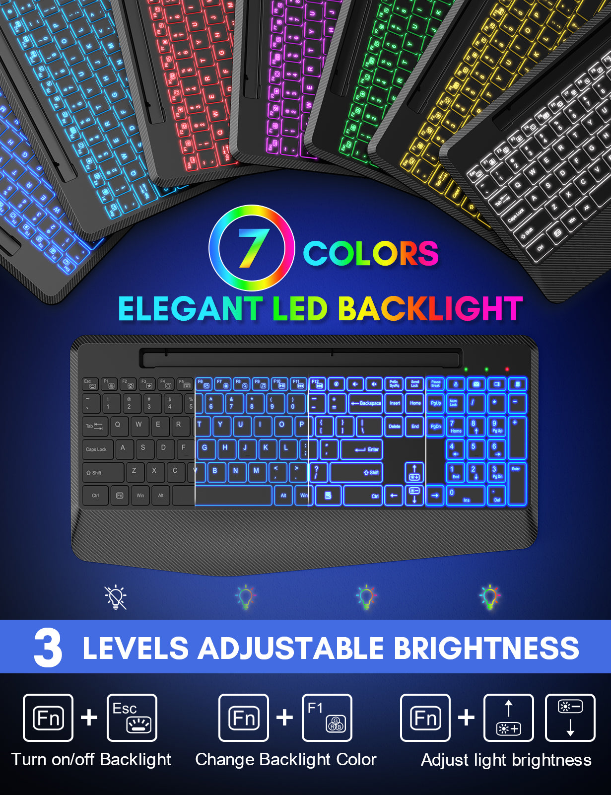 Clavier sans fil ergonomique rechargeable rétroéclairé silencieux avec repose-poignets avec support pour téléphone, 2,4 GHz