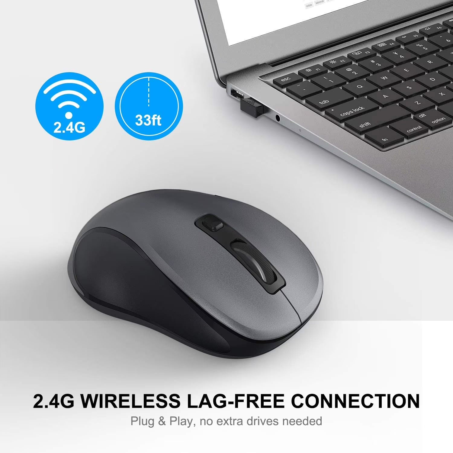 Souris informatique sans fil ergonomique silencieuse, 3 niveaux de DPI – gris