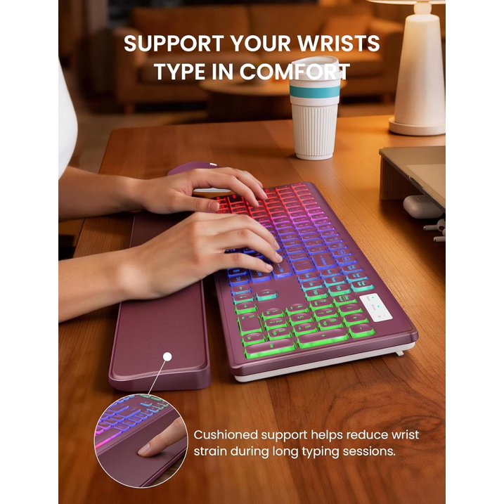Ensemble clavier et souris sans fil rechargeable rétroéclairé RGB silencieux, 2,4 GHz – rouge baie