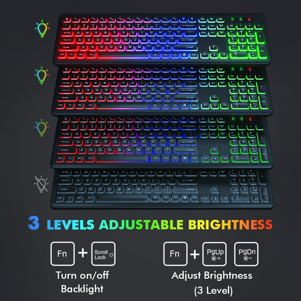 Ensemble clavier et souris sans fil ergonomique rechargeable rétroéclairé RGB silencieux, 2,4 GHz – noir
