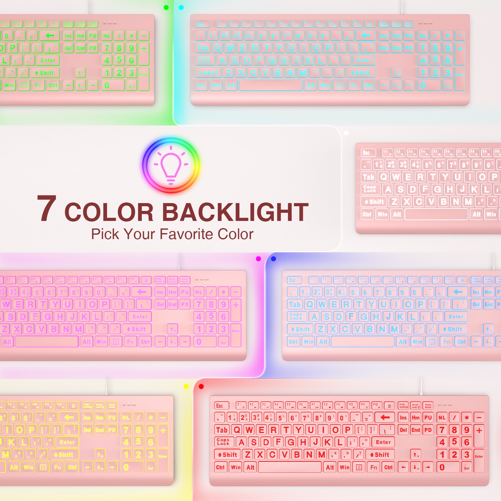 Clavier filaire ergonomique rétroéclairé à grands caractères – rose