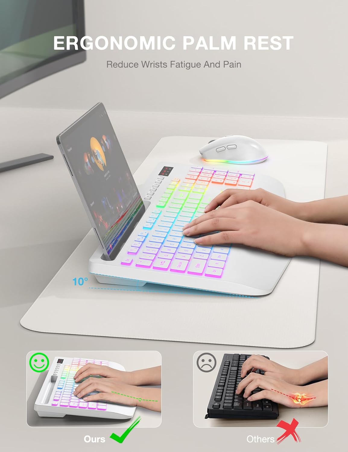 Ensemble clavier et souris sans fil ergonomique rechargeable rétroéclairé silencieux avec repose-poignets avec support pour téléphone – blanc