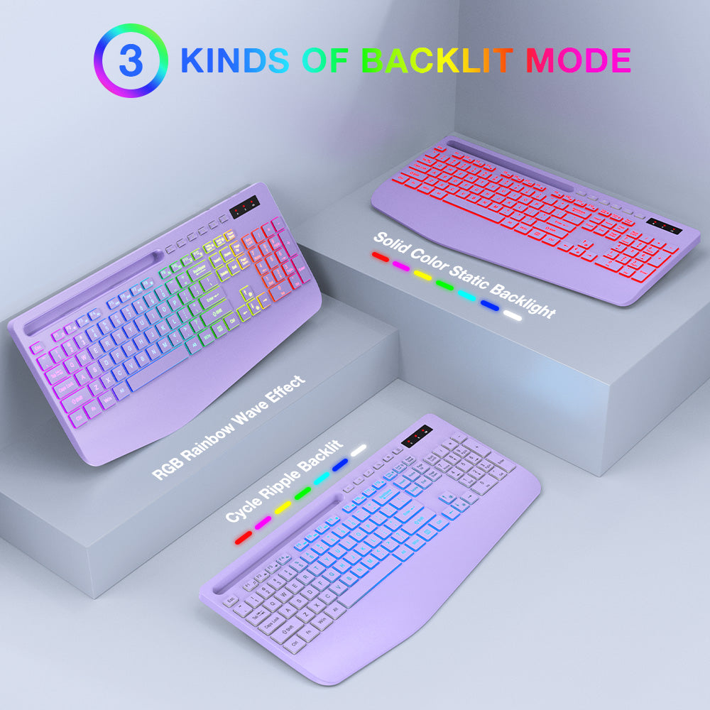 Ensemble clavier et souris sans fil ergonomique rechargeable rétroéclairé silencieux avec repose-poignets avec support pour téléphone – violet