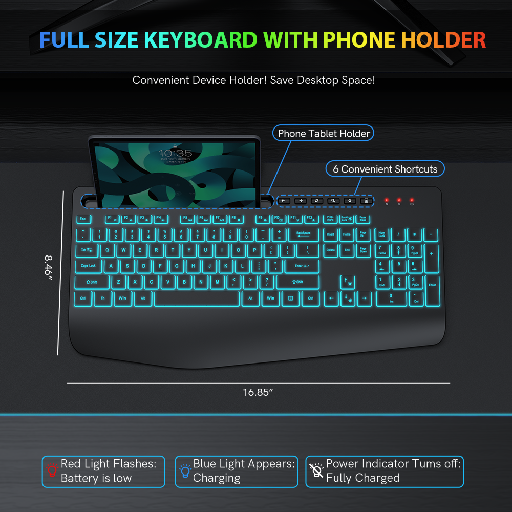 Clavier sans fil ergonomique rechargeable rétroéclairé silencieux avec repose-poignets avec support pour téléphone, 2,4 GHz, 112 touches