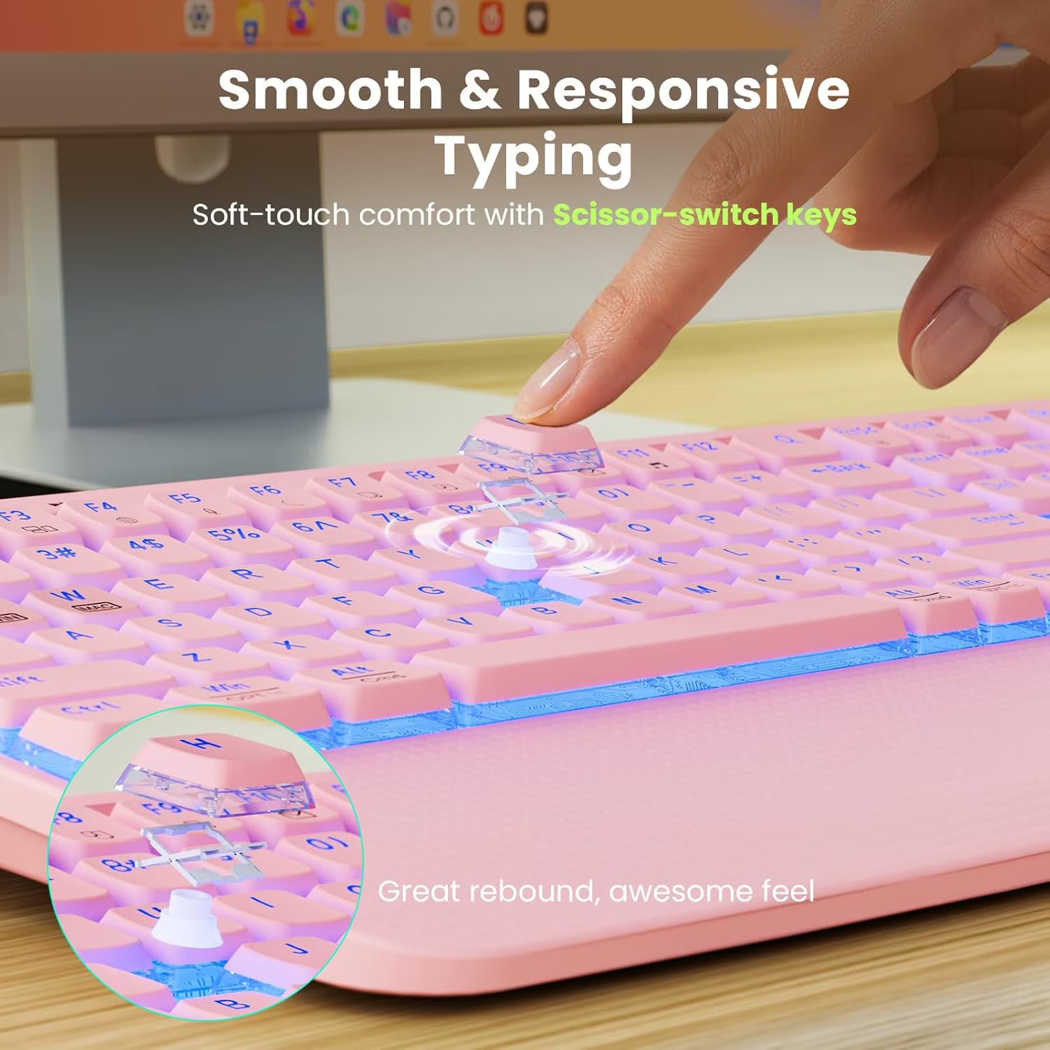 Ensemble clavier et souris sans fil ergonomique rechargeable rétroéclairé RGB silencieux avec repose-poignets avec support pour téléphone, 4000mah – rose