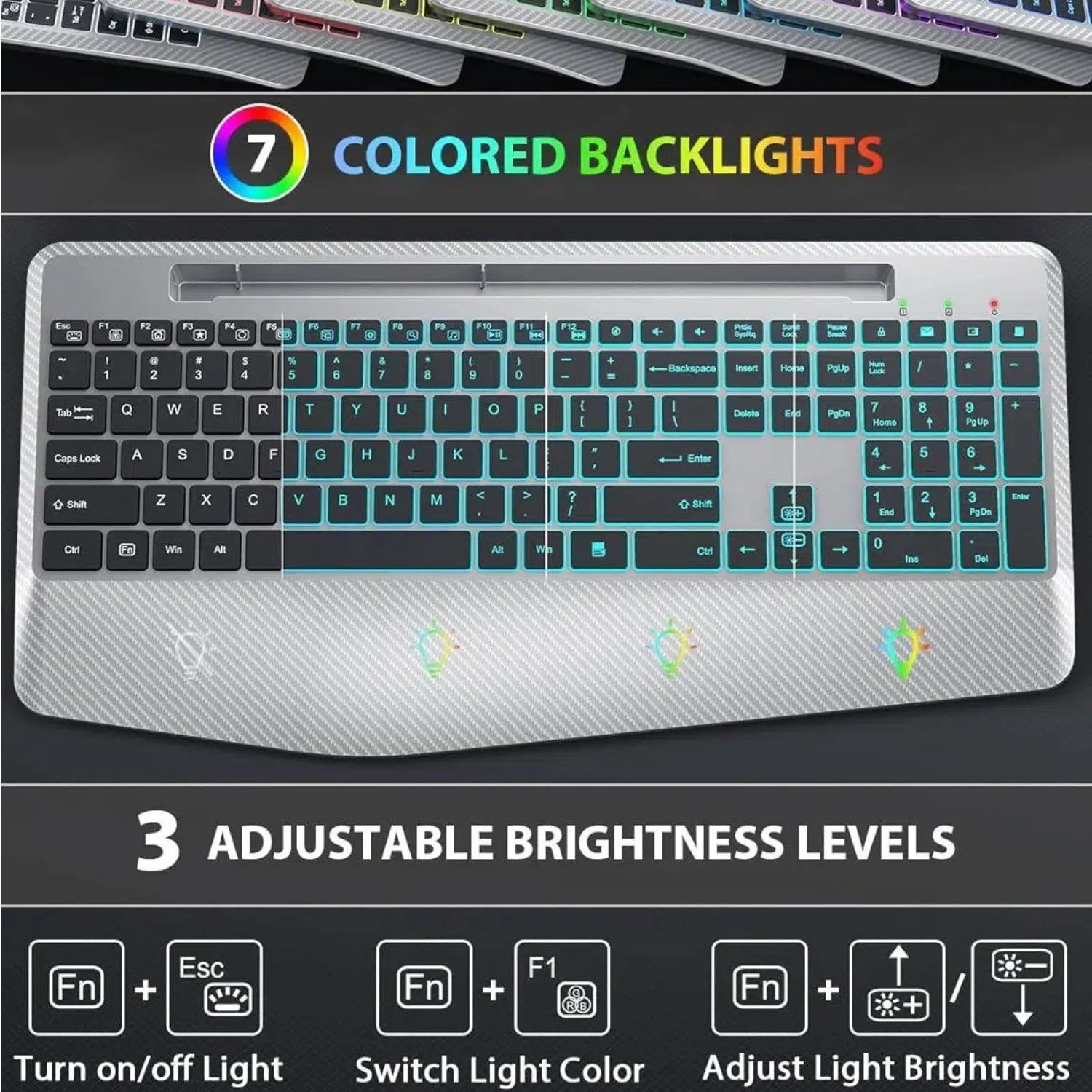 Ensemble clavier et souris sans fil ergonomique rechargeable rétroéclairé RGB silencieux avec repose-poignets avec support pour téléphone – noir