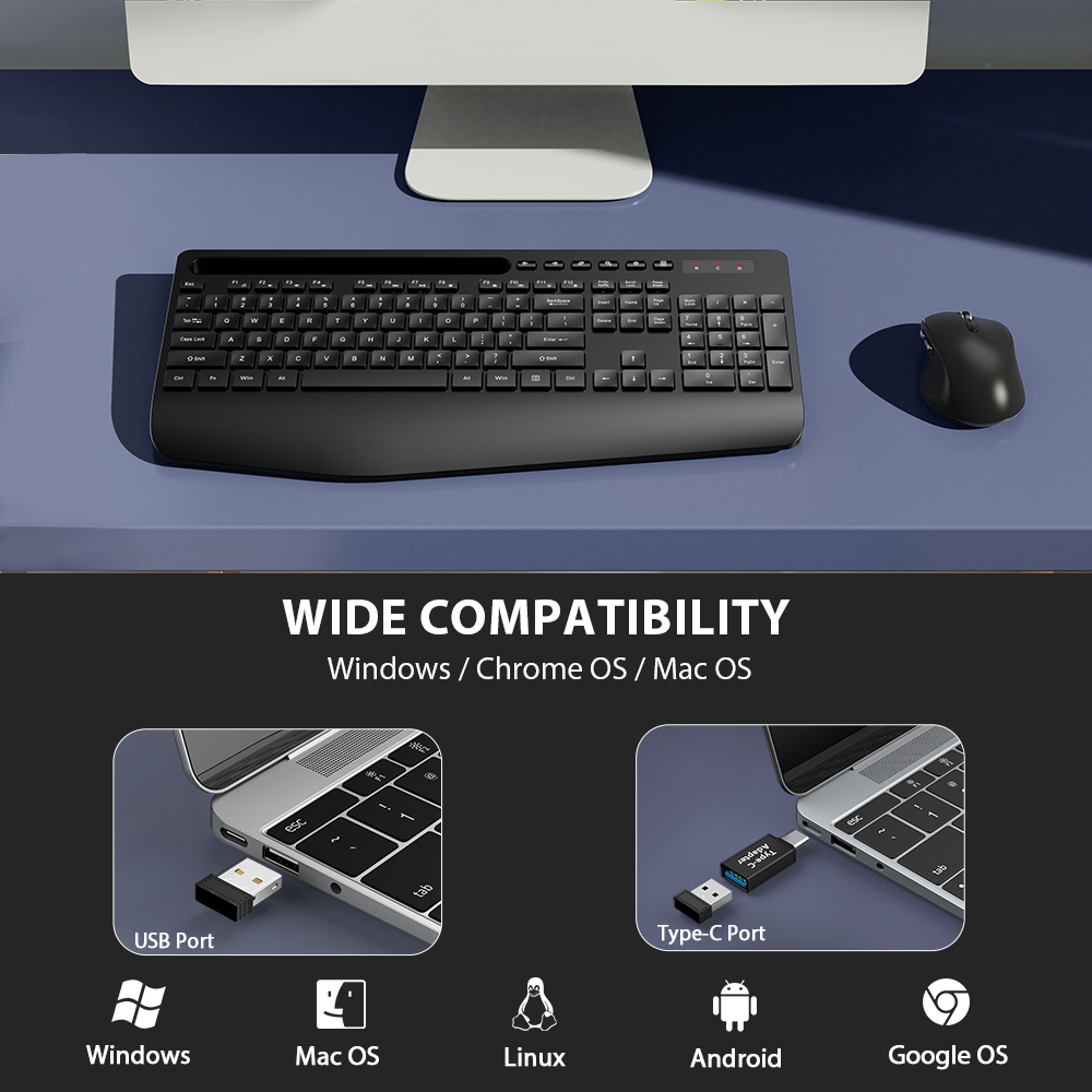 Ensemble clavier et souris sans fil ergonomique silencieux avec repose-poignets avec support pour téléphone, 2,4 GHz