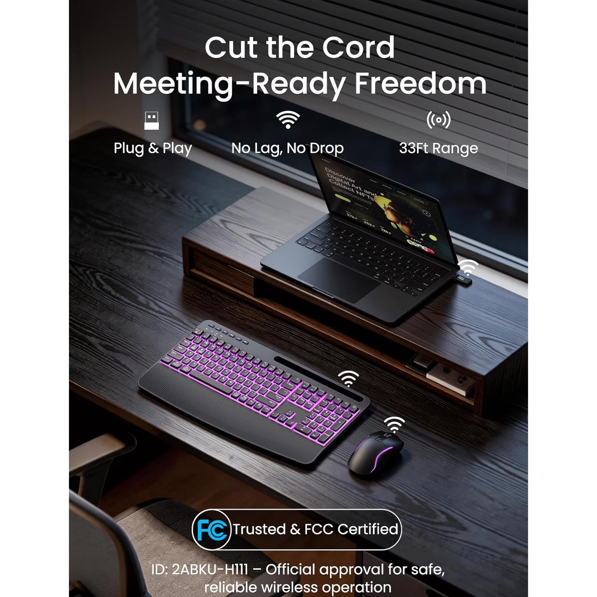 Ensemble clavier et souris sans fil ergonomique rechargeable rétroéclairé RGB silencieux avec repose-poignets avec support pour téléphone, 4000mah – noir