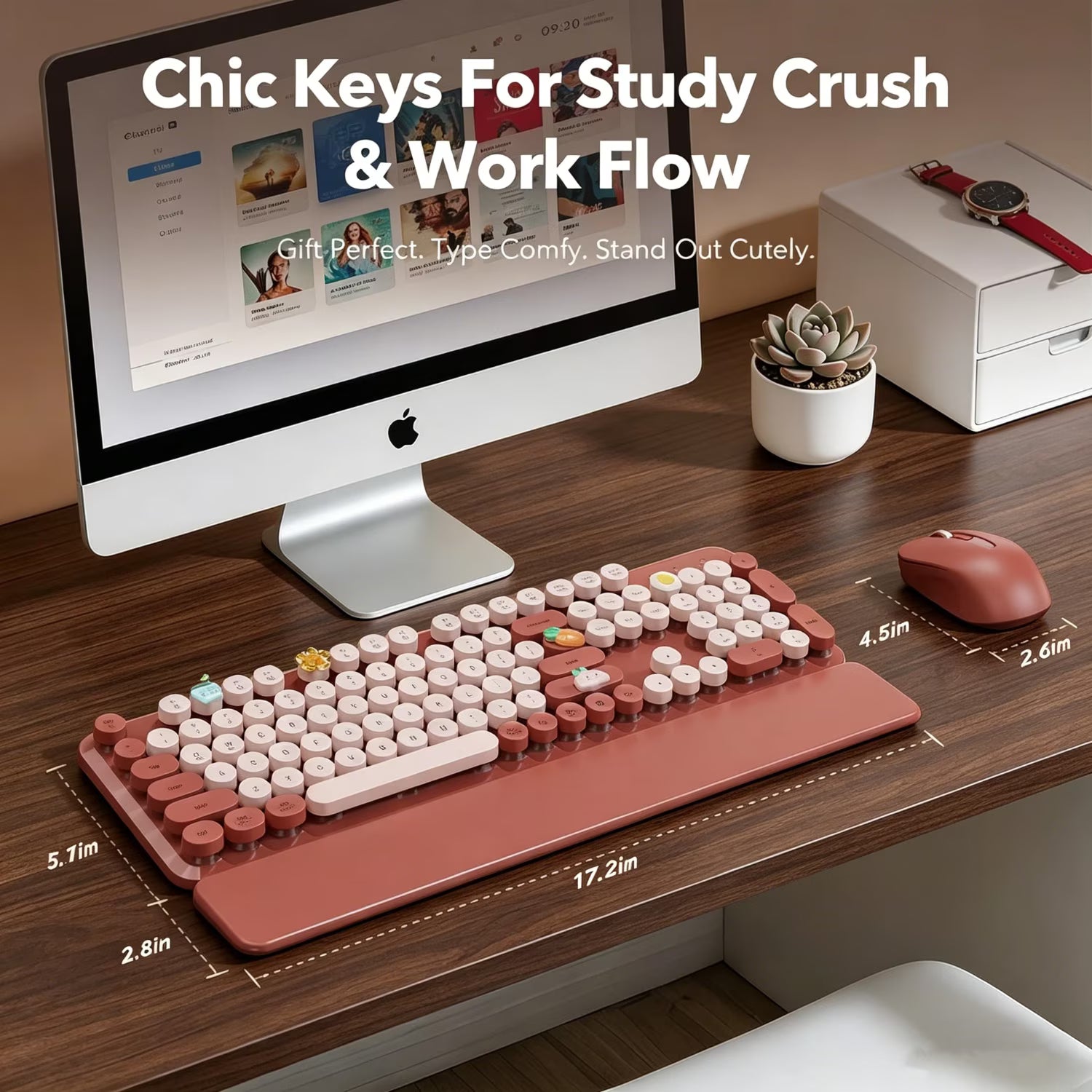 Ensemble clavier et souris sans fil ergonomique avec repose-poignets style rétro, 2,4 GHz – rose vif
