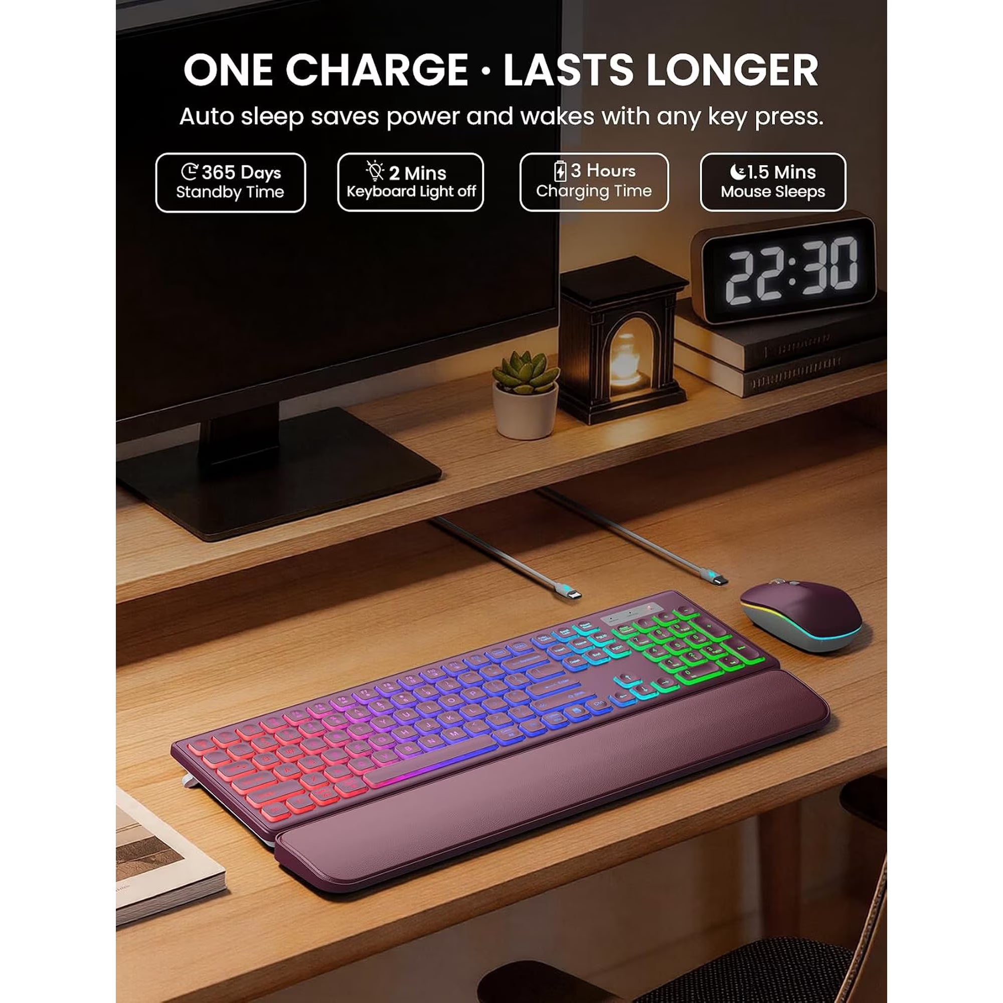 Ensemble clavier et souris sans fil rechargeable rétroéclairé RGB silencieux, 2,4 GHz – rouge baie