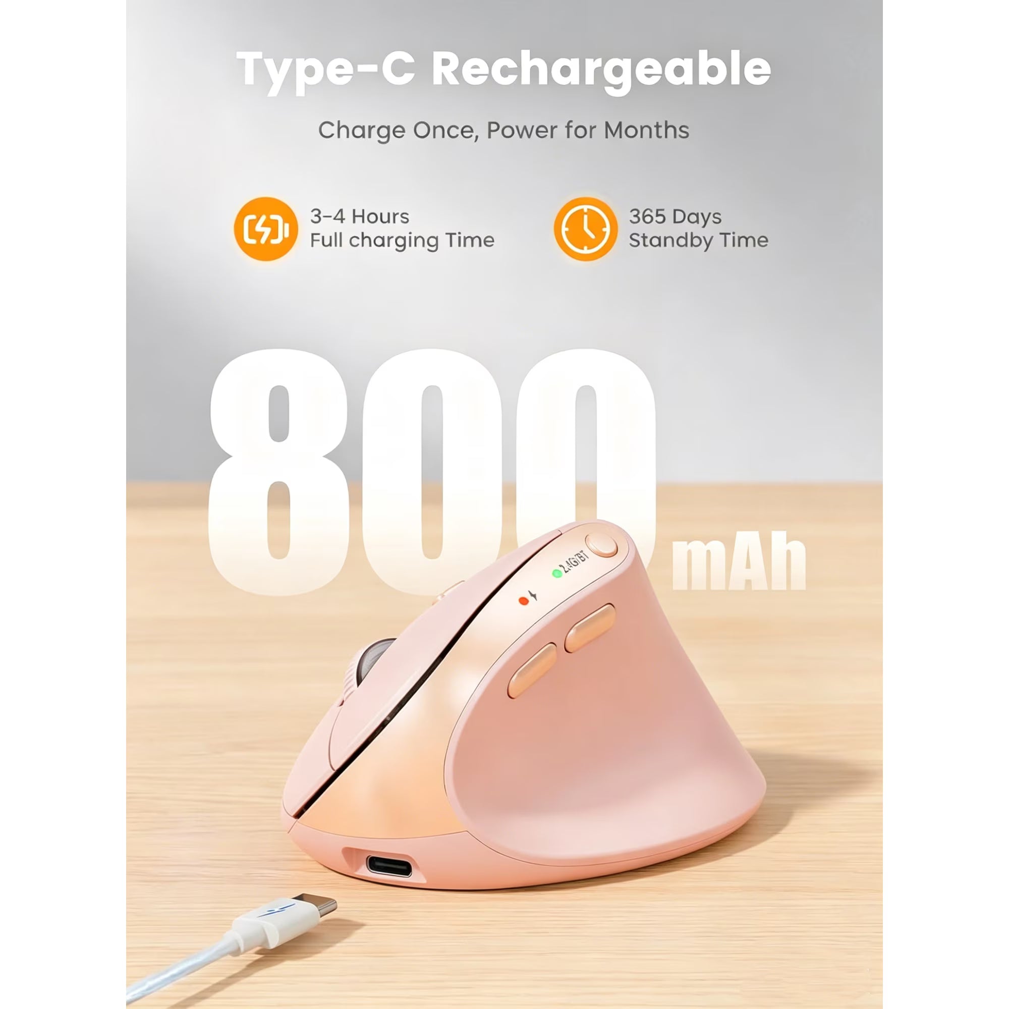 Souris verticale ergonomique sans fil rechargeable silencieuse, 4 niveaux de DPI – rose
