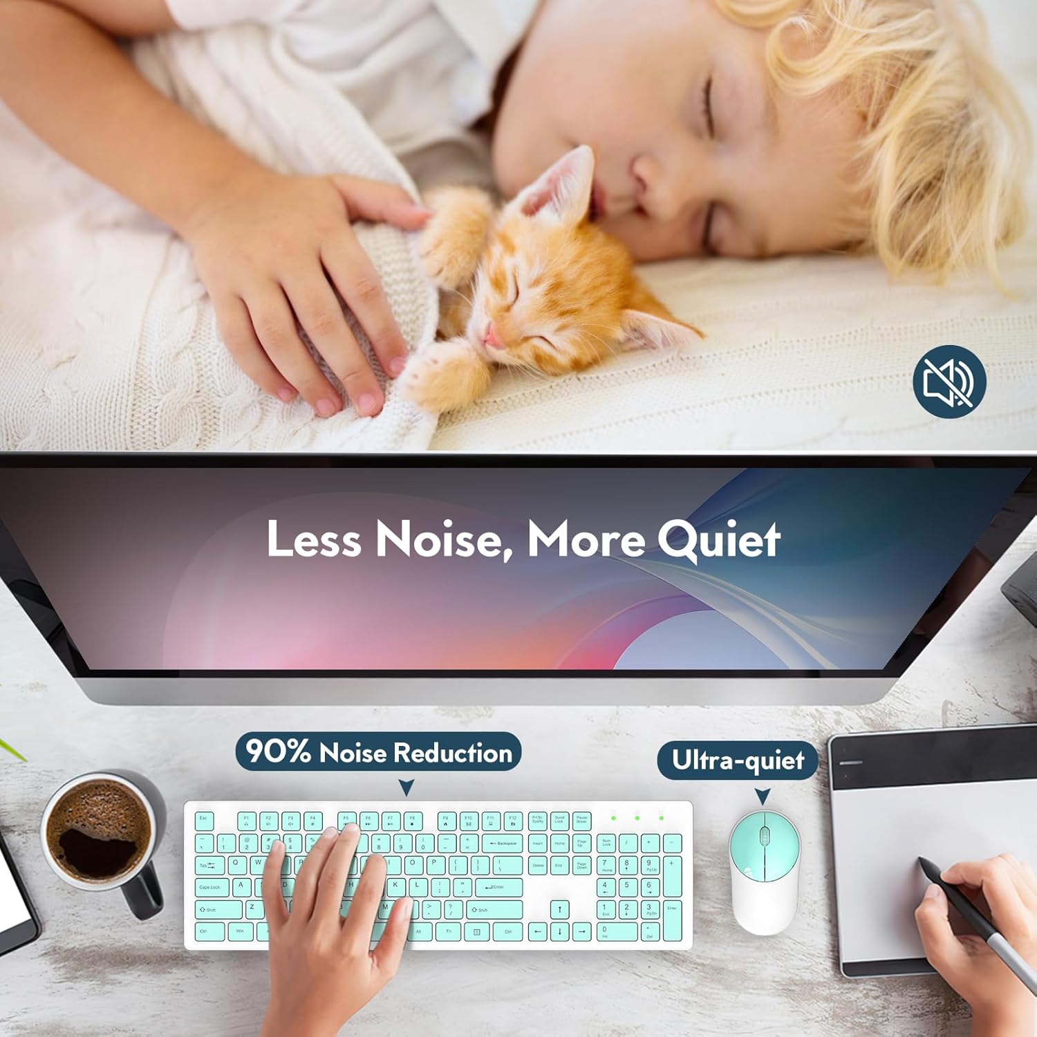 Ensemble clavier et souris sans fil silencieux, 2,4 GHz – vert