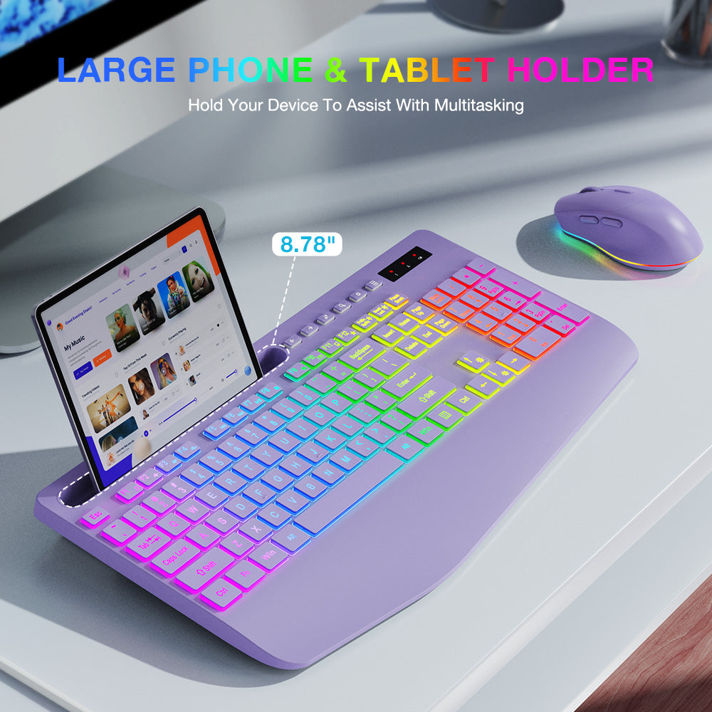 Ensemble clavier et souris sans fil ergonomique rechargeable rétroéclairé silencieux avec repose-poignets avec support pour téléphone – violet