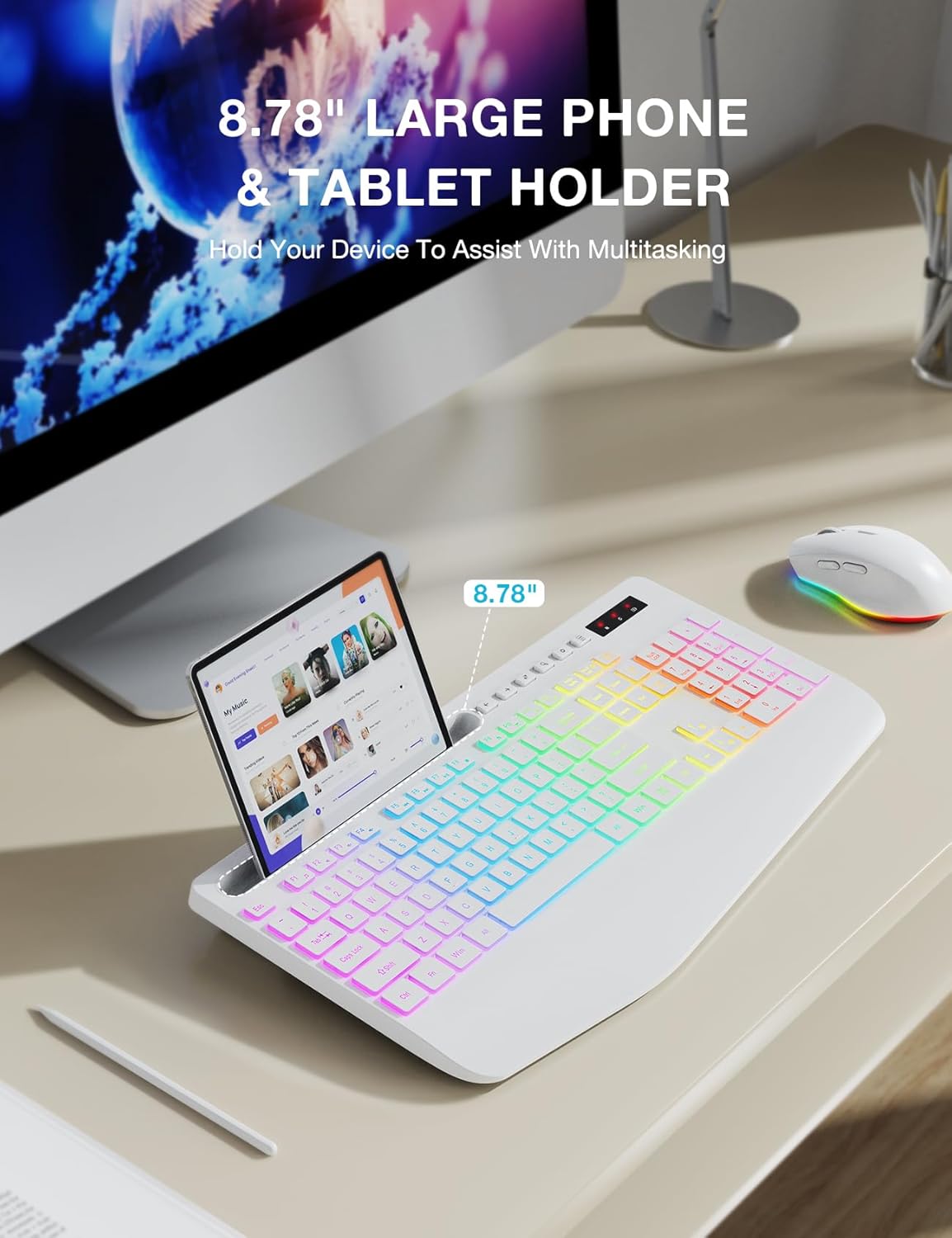 Ensemble clavier et souris sans fil ergonomique rechargeable rétroéclairé silencieux avec repose-poignets avec support pour téléphone – blanc