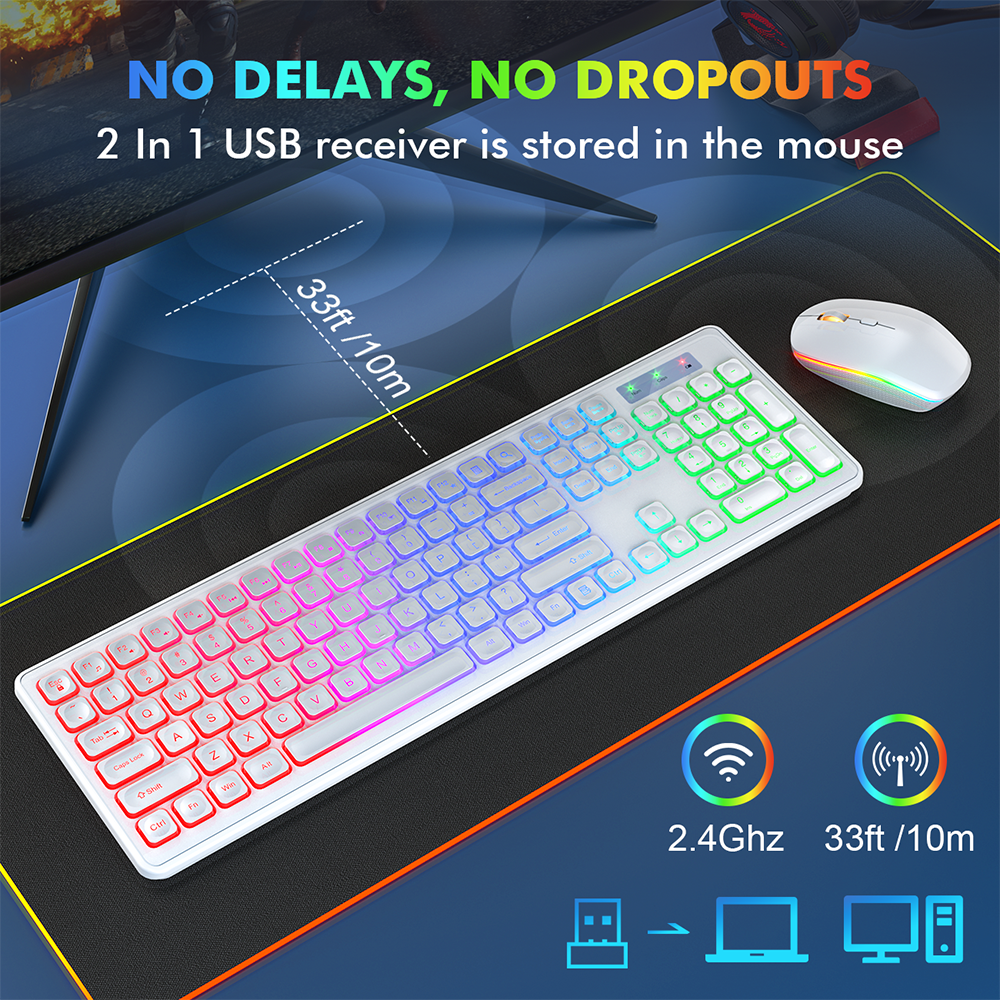 Ensemble clavier et souris sans fil rechargeable rétroéclairé RGB silencieux avec repose-poignets, 2,4 GHz, 112 touches – noir