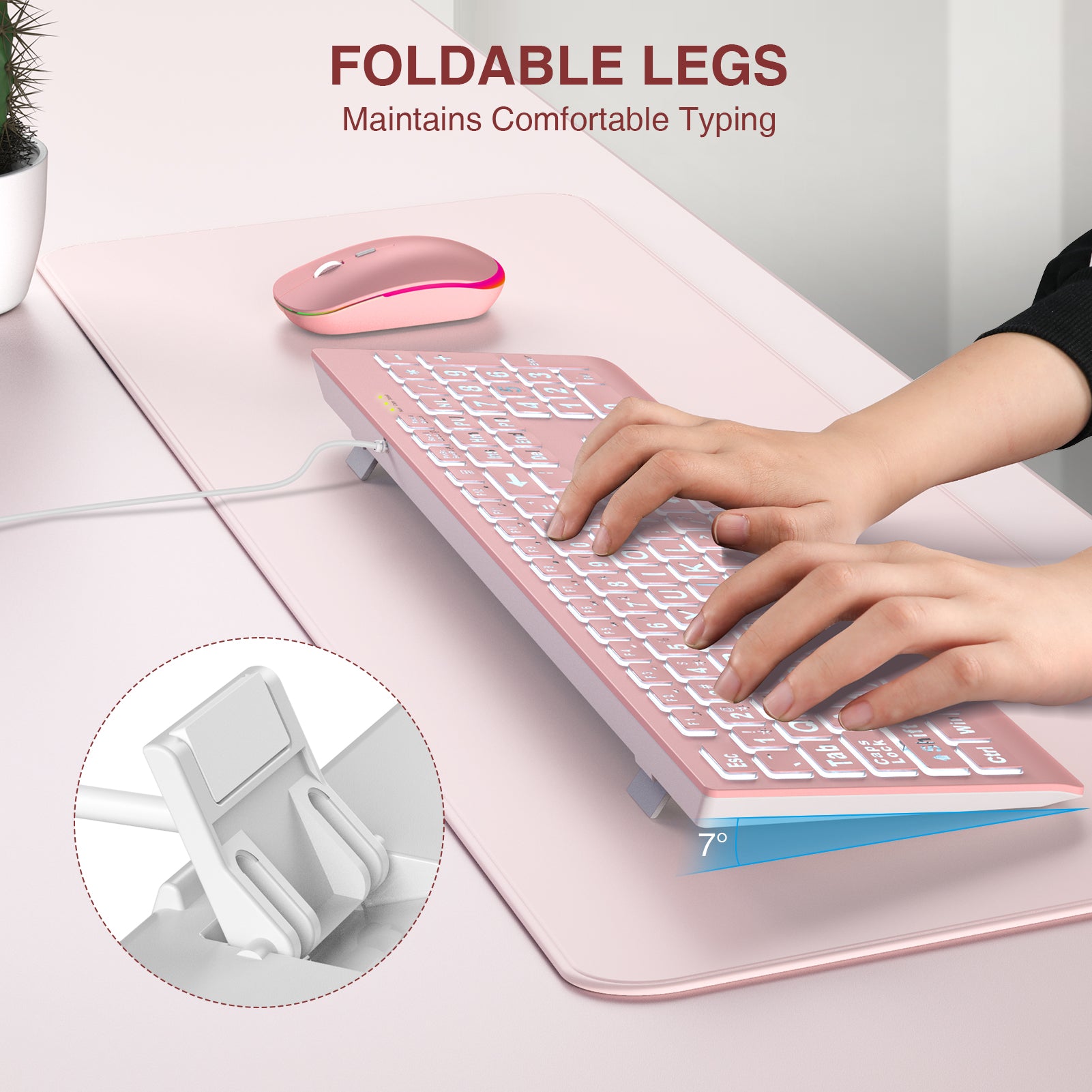 Clavier filaire ergonomique rétroéclairé à grands caractères – rose