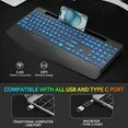 Clavier sans fil ergonomique rechargeable rétroéclairé avec repose-poignets avec support pour téléphone, 2,4 GHz – noir