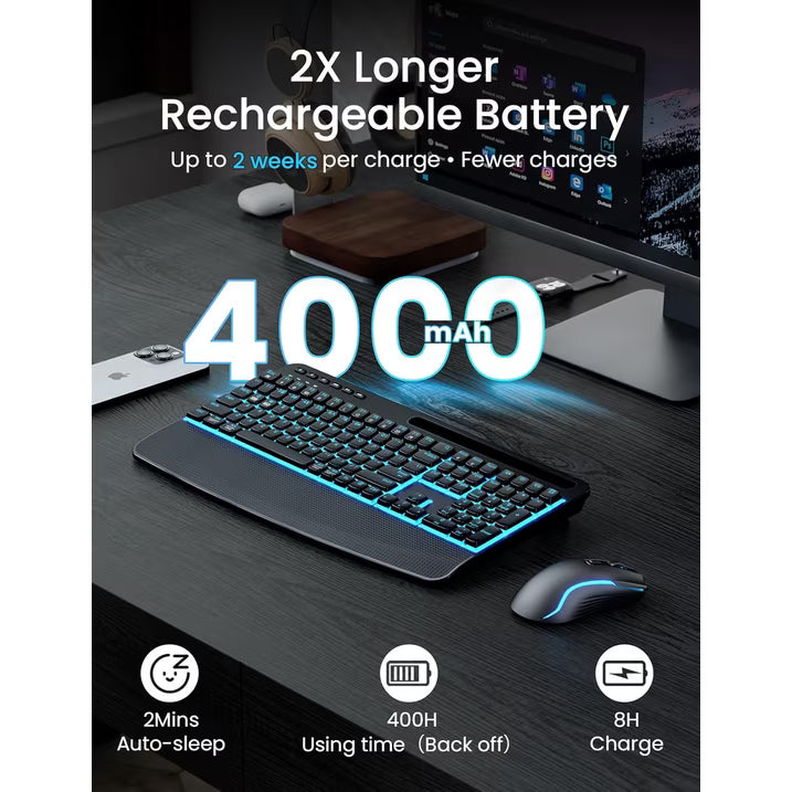 Ensemble clavier et souris sans fil ergonomique rechargeable rétroéclairé RGB silencieux avec repose-poignets avec support pour téléphone, 4000mah – noir