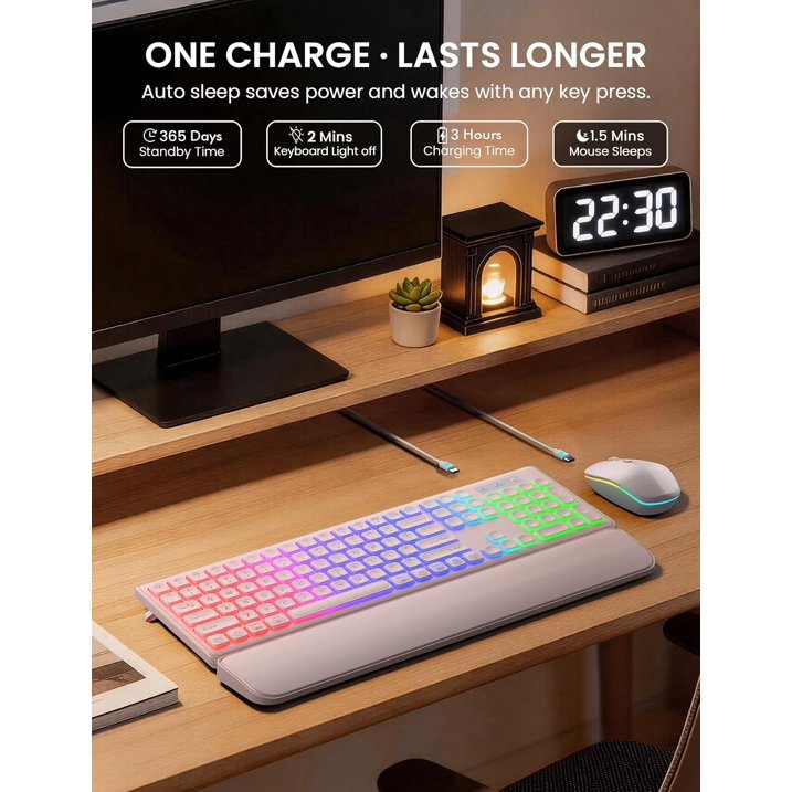 Ensemble clavier et souris sans fil rechargeable rétroéclairé RGB silencieux, 2,4 GHz – rose
