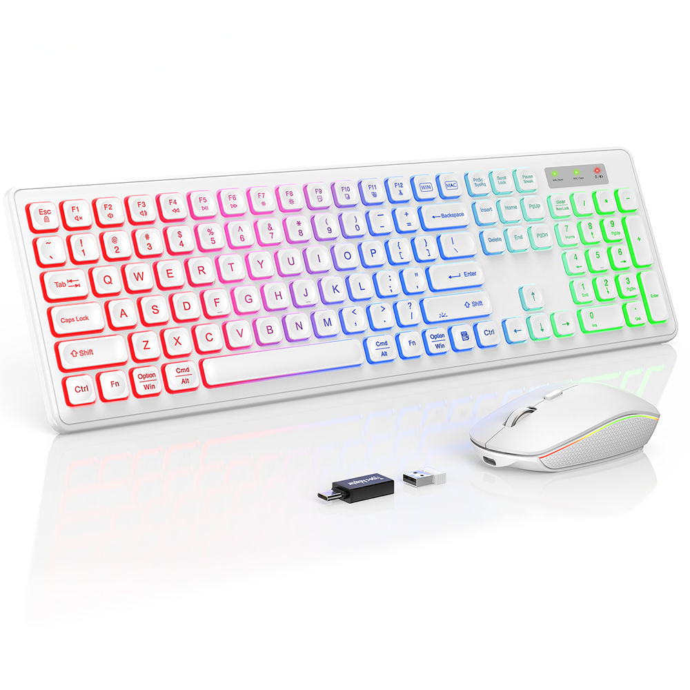 Ensemble clavier et souris sans fil rechargeable rétroéclairé RGB silencieux avec repose-poignets, 2,4 GHz, 112 touches – noir