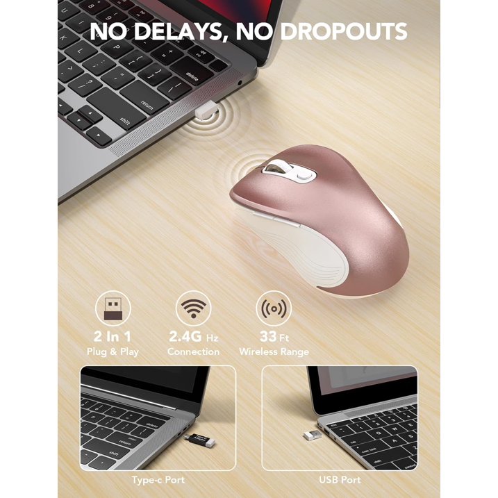 Souris informatique sans fil ergonomique silencieuse, 3 niveaux de DPI – or rose