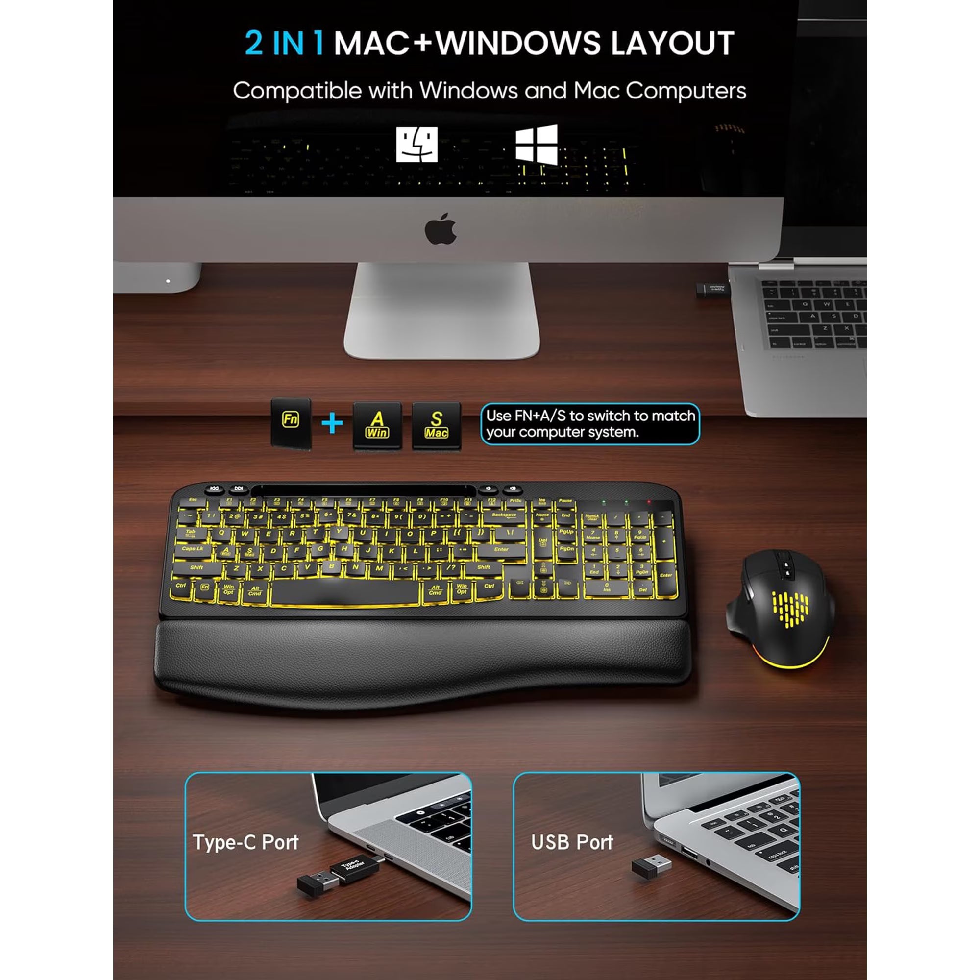 Ensemble clavier et souris sans fil ergonomique rechargeable rétroéclairé RGB avec repose-poignets, 2,4 GHz