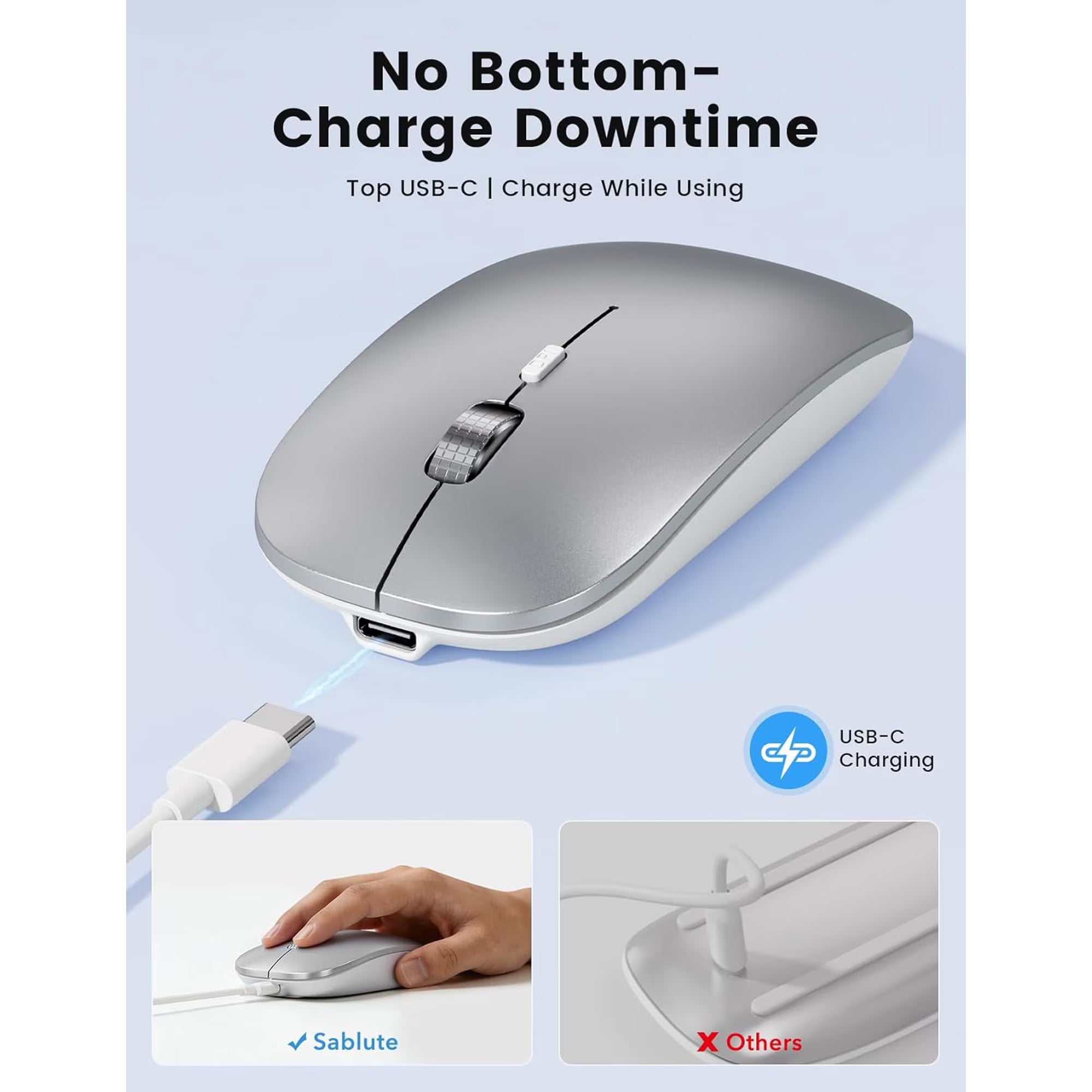 Souris informatique sans fil rechargeable silencieuse, 2,4 GHz, 3 niveaux de DPI