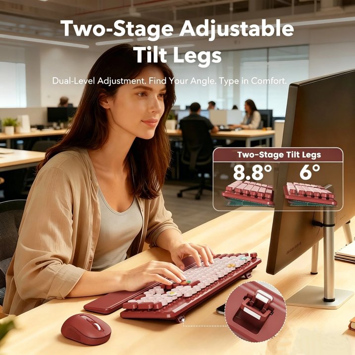 Ensemble clavier et souris sans fil ergonomique avec repose-poignets style rétro, 2,4 GHz – rose vif
