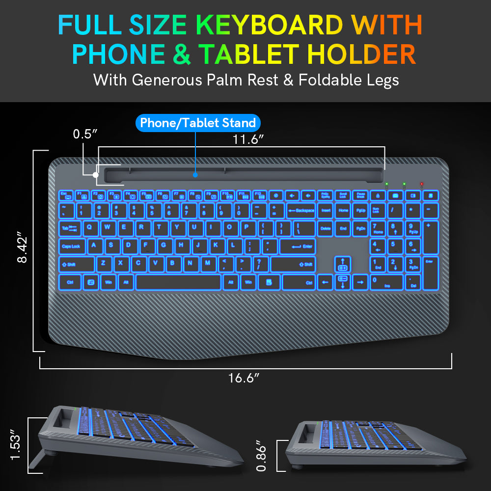 Clavier sans fil ergonomique rechargeable rétroéclairé silencieux avec repose-poignets, 2,4 GHz – gris