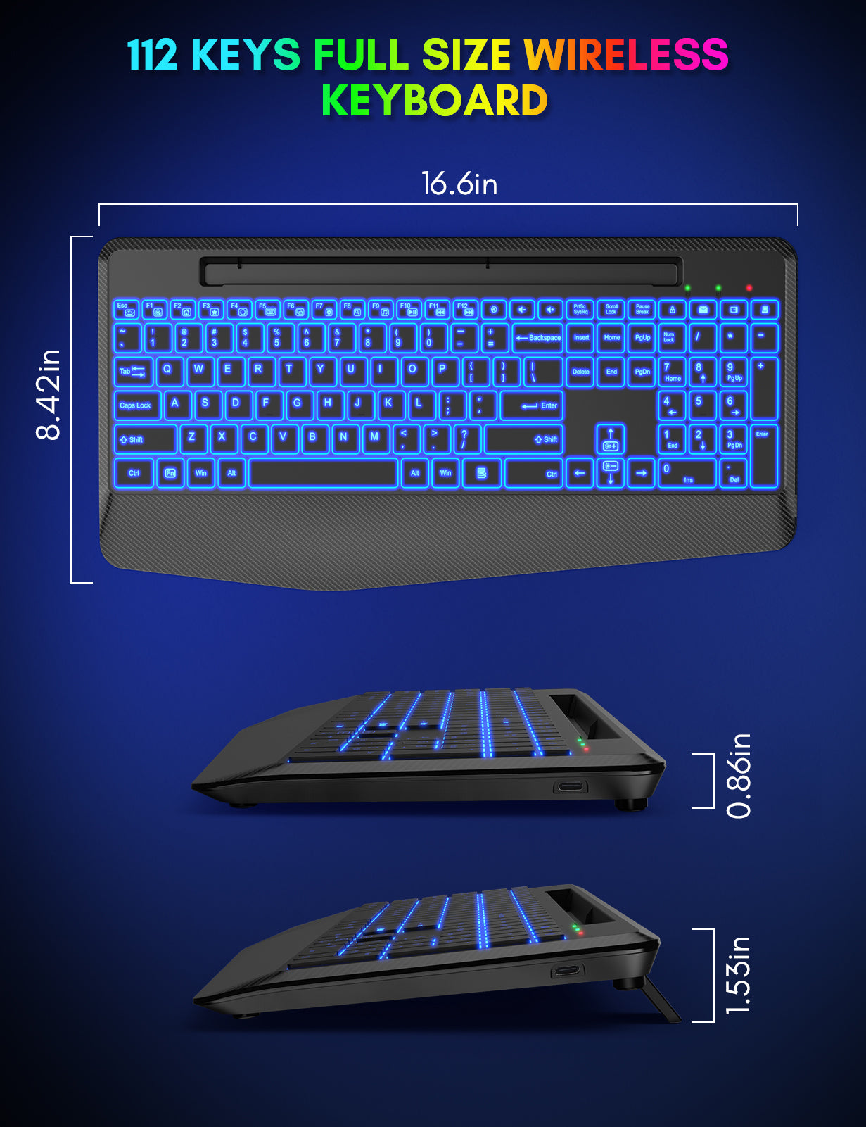 Clavier sans fil ergonomique rechargeable rétroéclairé silencieux avec repose-poignets avec support pour téléphone, 2,4 GHz