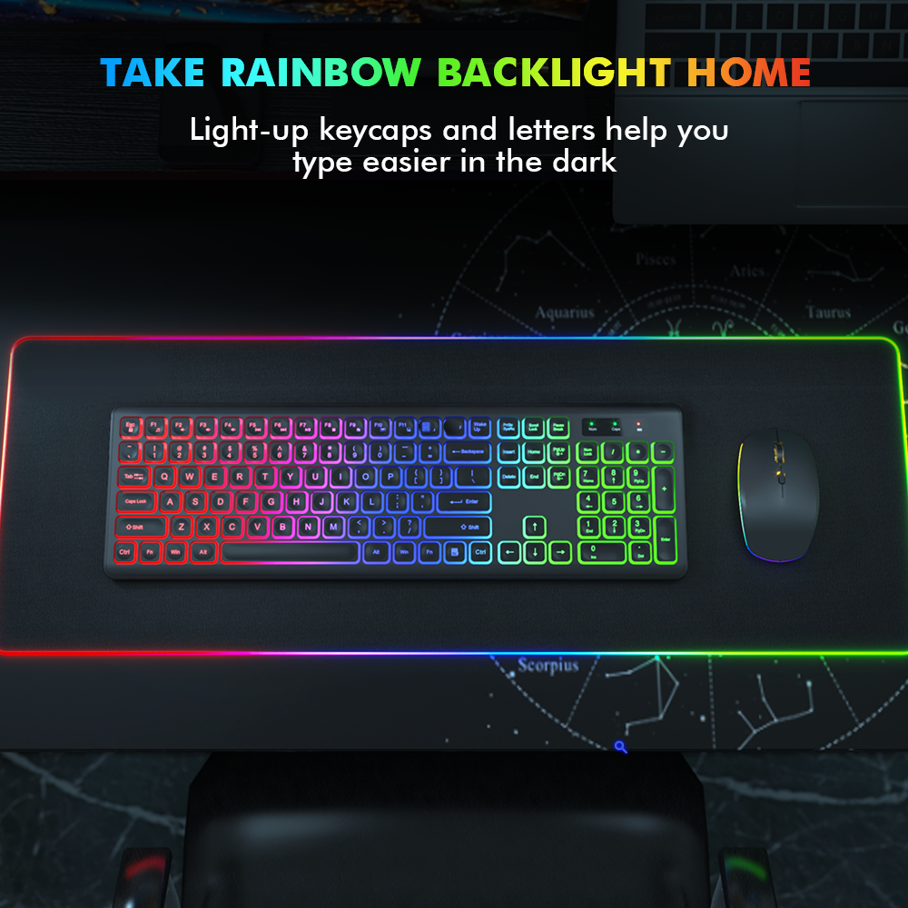 Ensemble clavier et souris sans fil ergonomique rechargeable rétroéclairé RGB silencieux, 2,4 GHz – noir