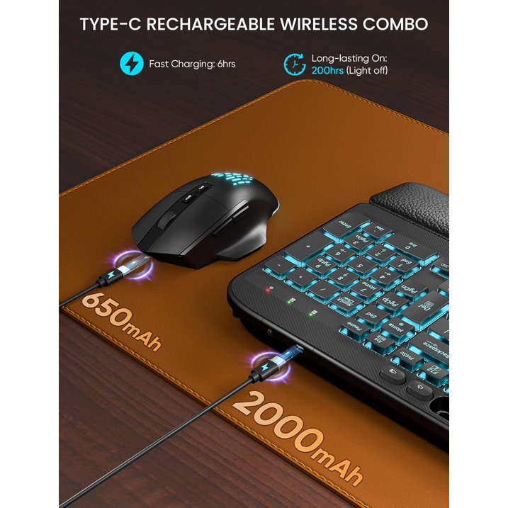 Ensemble clavier et souris sans fil ergonomique rechargeable rétroéclairé RGB avec repose-poignets, 2,4 GHz
