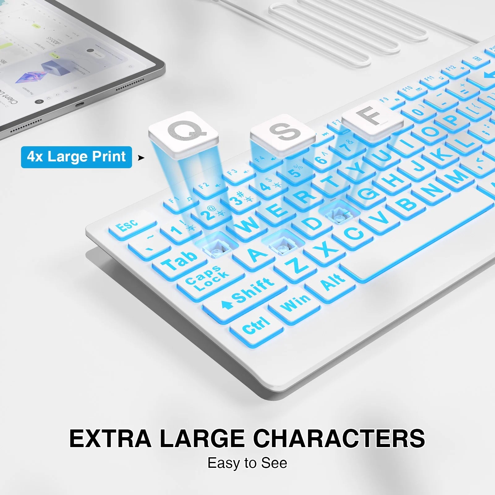 Clavier filaire ergonomique rétroéclairé à grands caractères – blanc