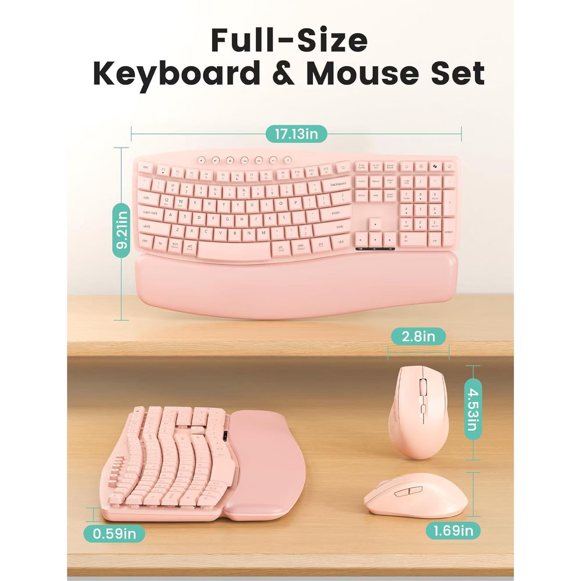 Ensemble clavier et souris sans fil ergonomique silencieux avec repose-poignets, 3 niveaux de DPI – rose