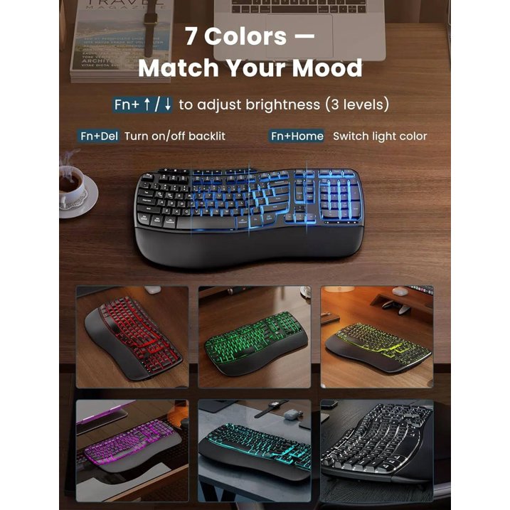 Ensemble clavier et souris sans fil ergonomique rechargeable rétroéclairé RGB avec repose-poignets, 4000mah, 2,4 GHz
